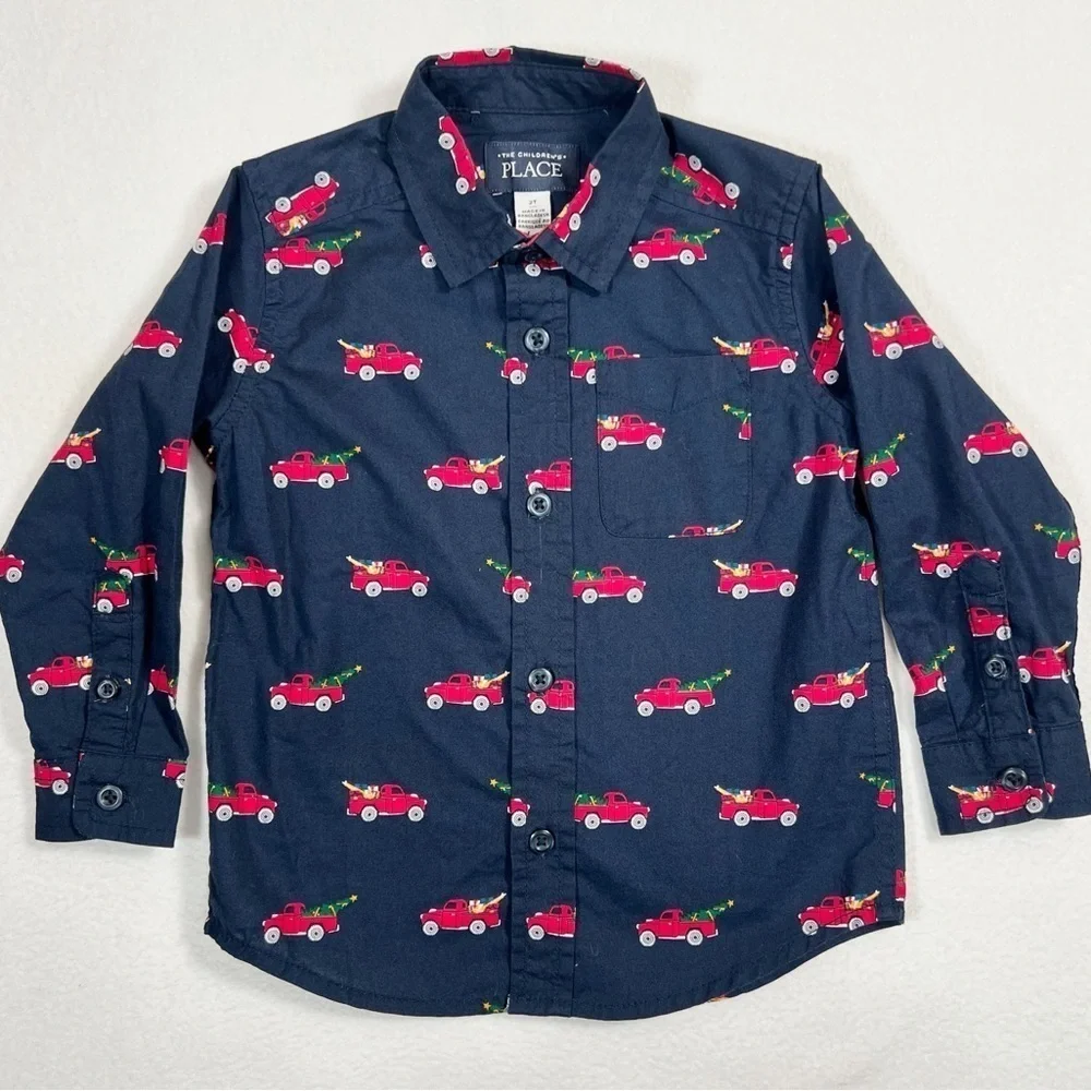 THE CHILDREN’S PLACE Toddler Boys Christmas Truck Tree Button Up Shirt 2T Preppy